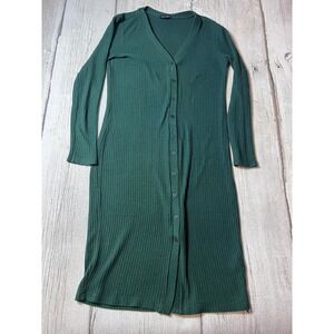 Beyond Yoga Cardigan Dress Womens M Green Waffle Knit Button Front Long Sleeve